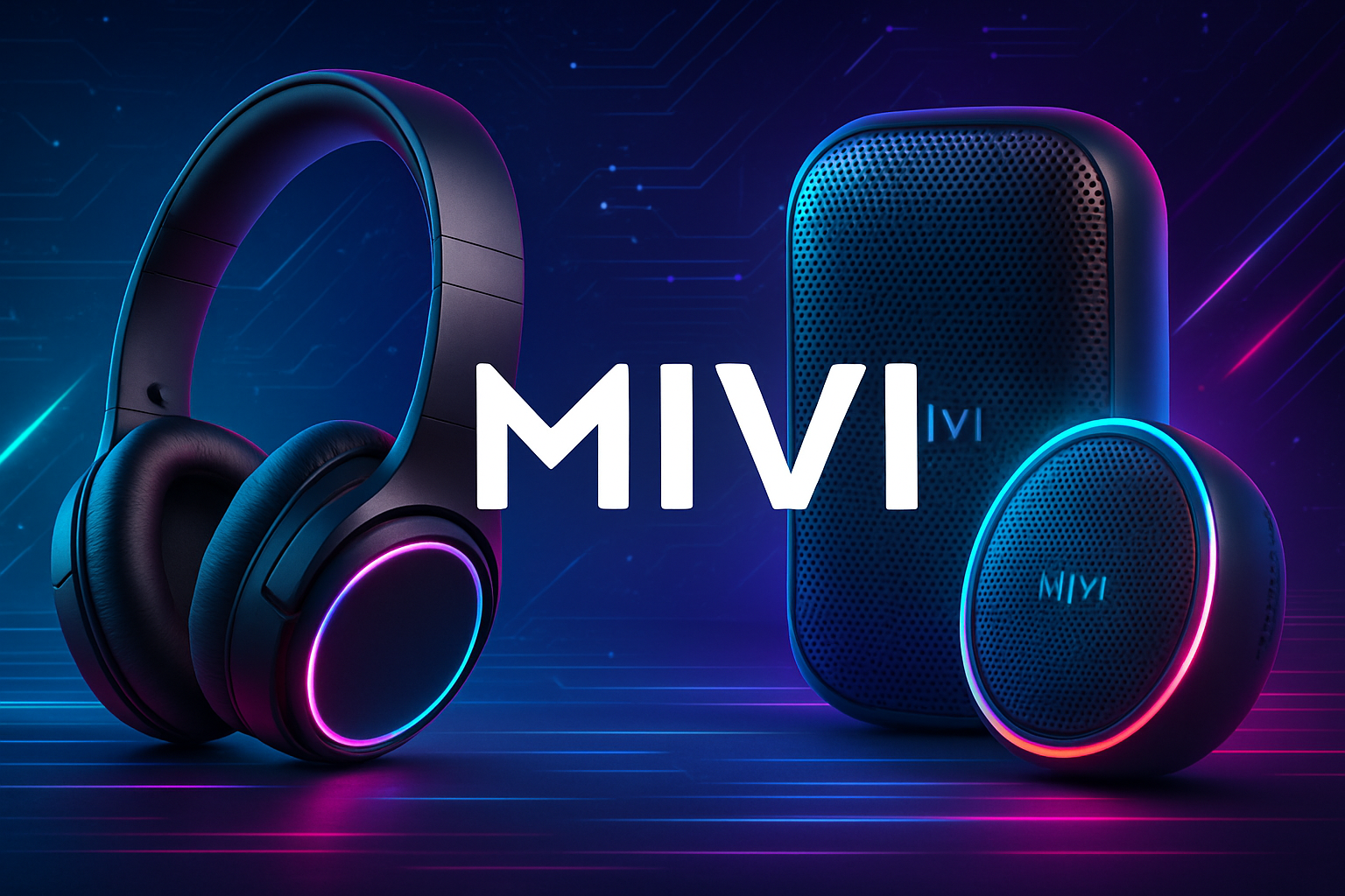 Mivi audio products displayed in a neon technology campaign visual